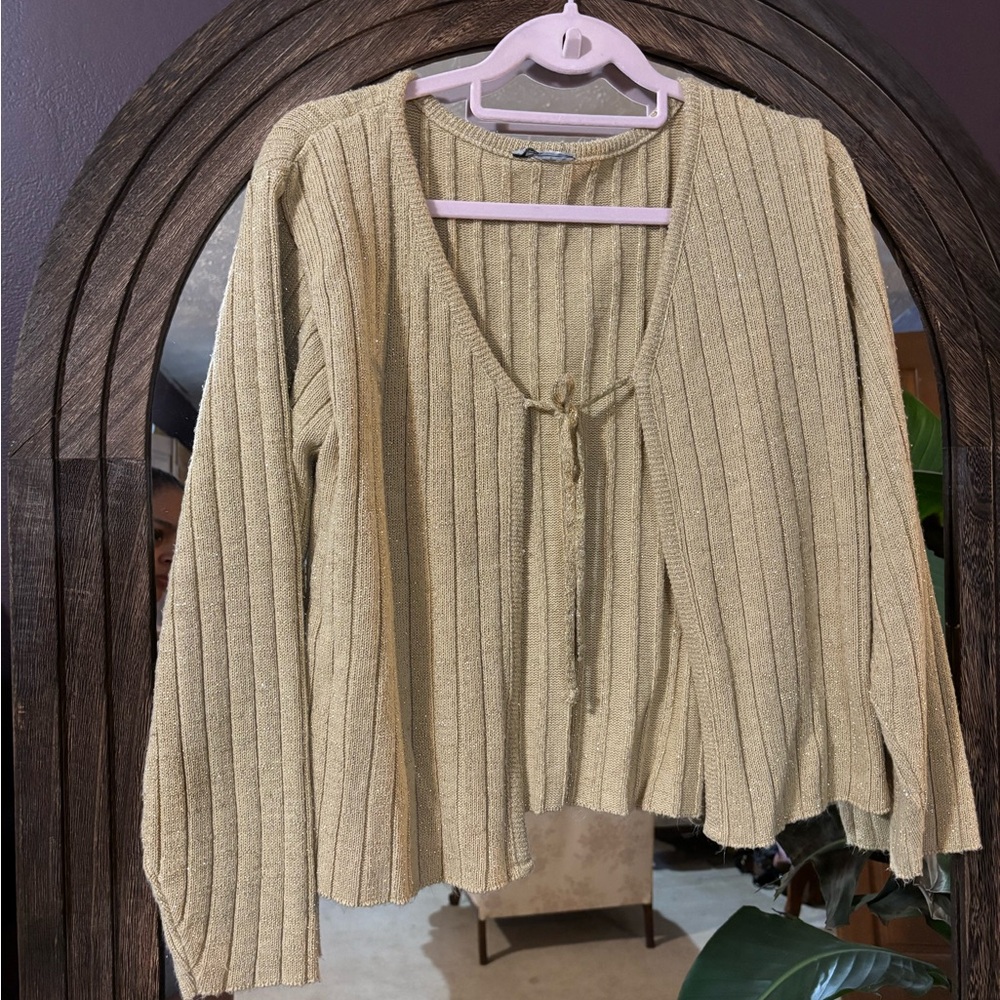 Vintage Fashion Bug Gold Sparkle Tie-Front Cardigan - Y2K Ribbed Knit